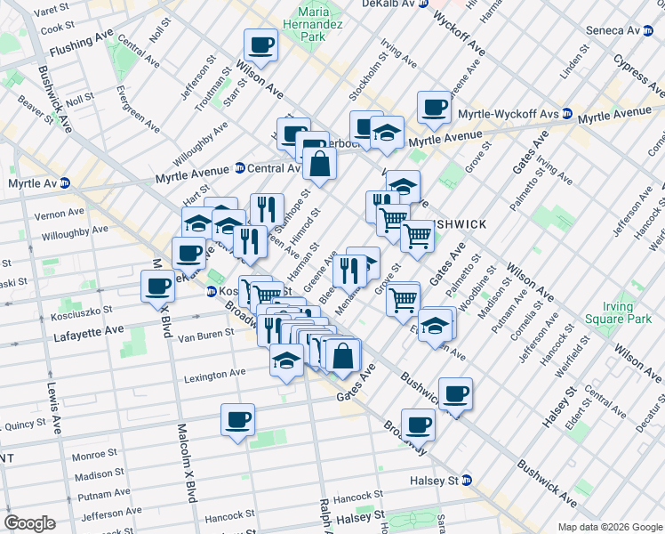map of restaurants, bars, coffee shops, grocery stores, and more near 31 Bleecker Street in Brooklyn