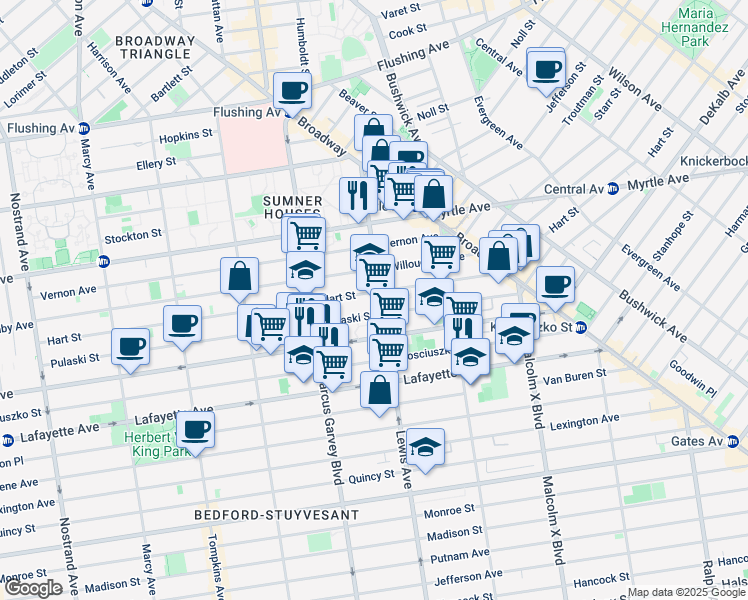 map of restaurants, bars, coffee shops, grocery stores, and more near 953 Dekalb Avenue in Brooklyn
