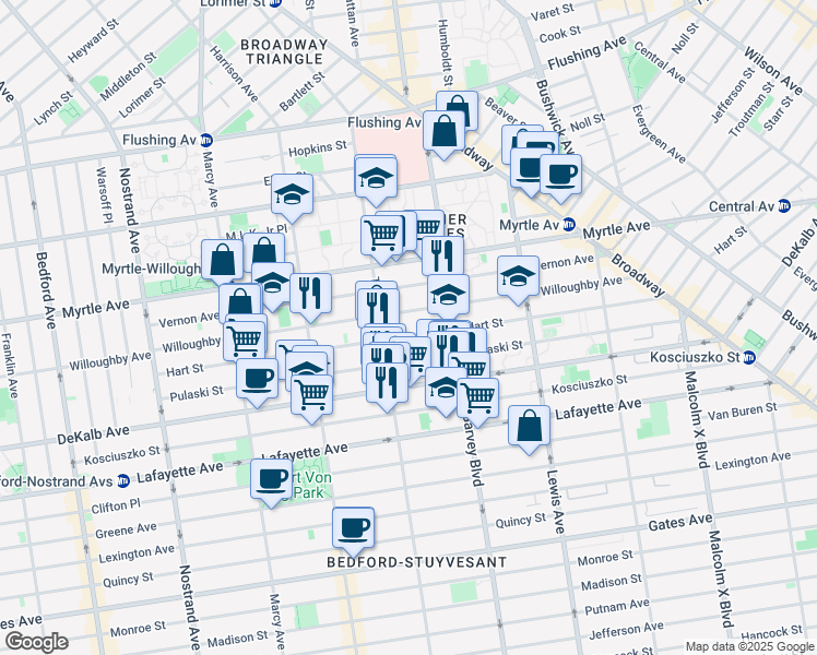 map of restaurants, bars, coffee shops, grocery stores, and more near 219 Pulaski Street in Brooklyn