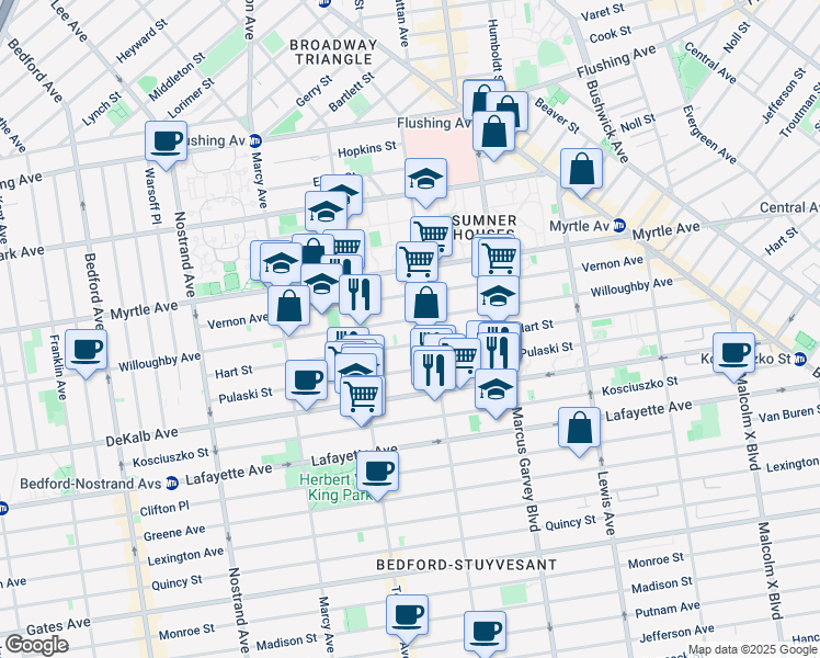map of restaurants, bars, coffee shops, grocery stores, and more near 192 Hart Street in Brooklyn