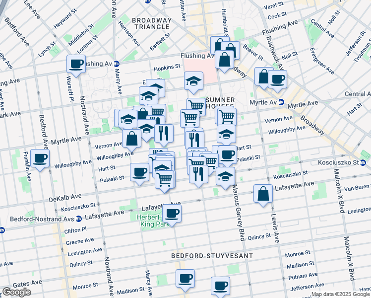 map of restaurants, bars, coffee shops, grocery stores, and more near 192 Hart Street in Brooklyn
