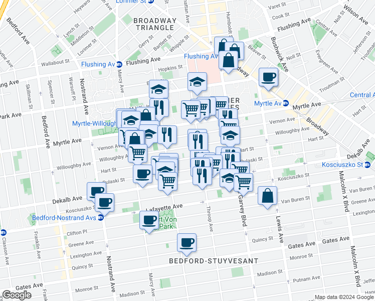 map of restaurants, bars, coffee shops, grocery stores, and more near 192 Hart Street in Brooklyn