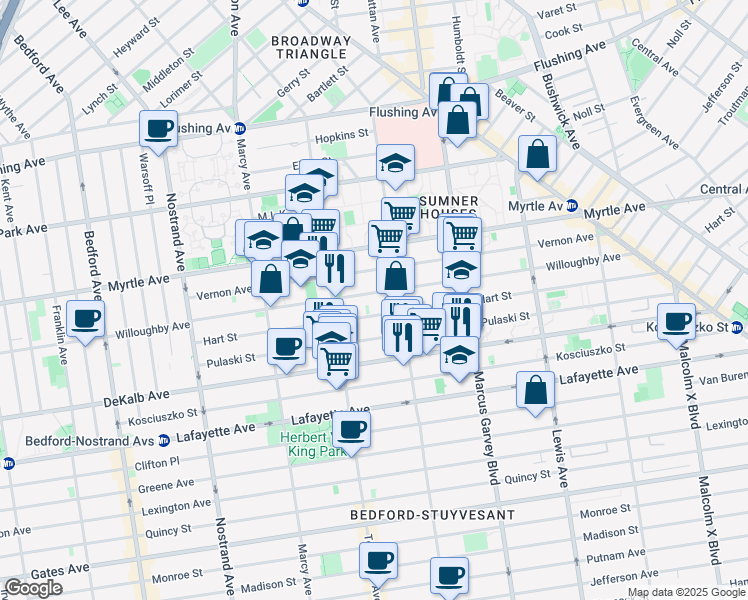 map of restaurants, bars, coffee shops, grocery stores, and more near 192 Hart Street in Brooklyn