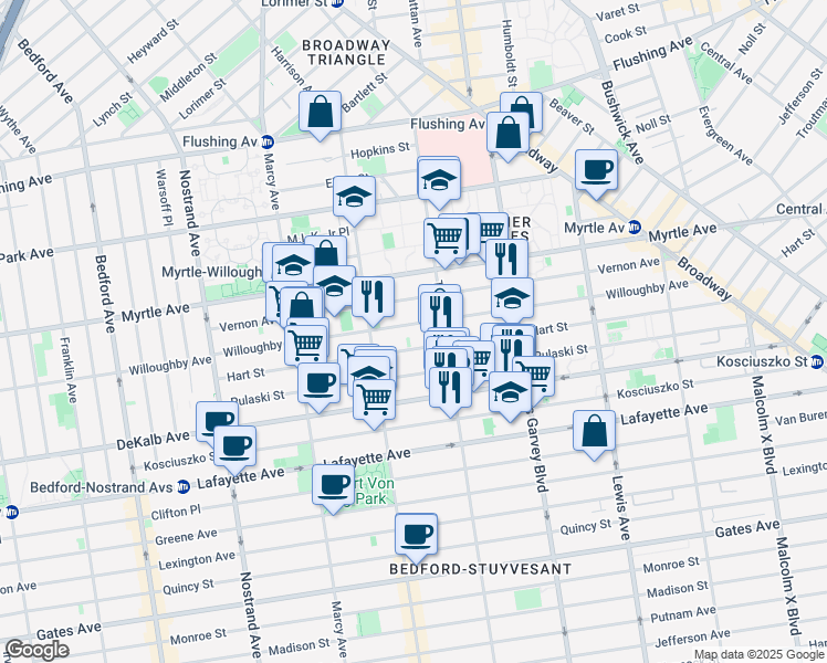 map of restaurants, bars, coffee shops, grocery stores, and more near 192 Hart Street in Brooklyn