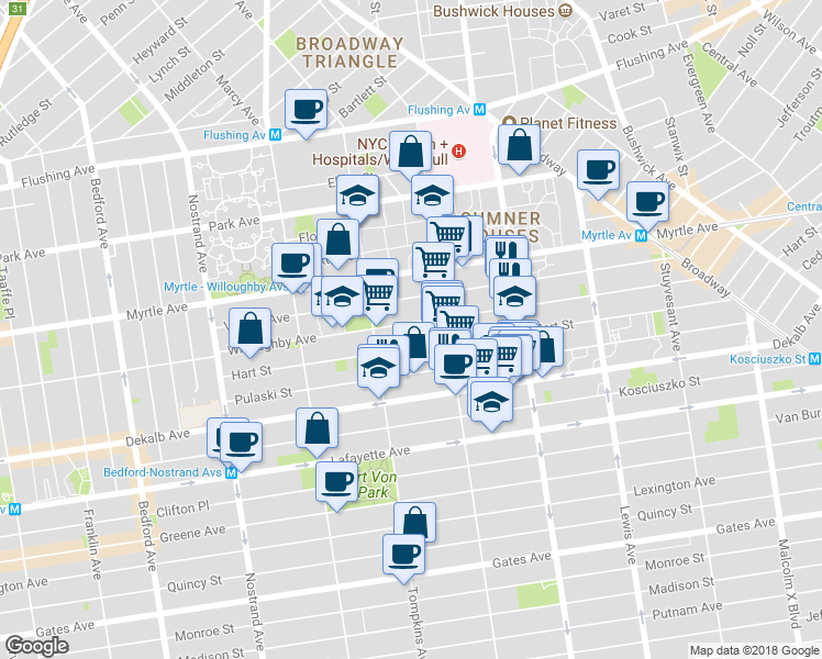 map of restaurants, bars, coffee shops, grocery stores, and more near 192 Hart Street in Brooklyn