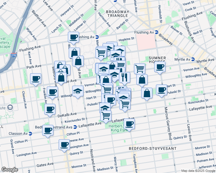 map of restaurants, bars, coffee shops, grocery stores, and more near 623 Marcy Avenue in Brooklyn