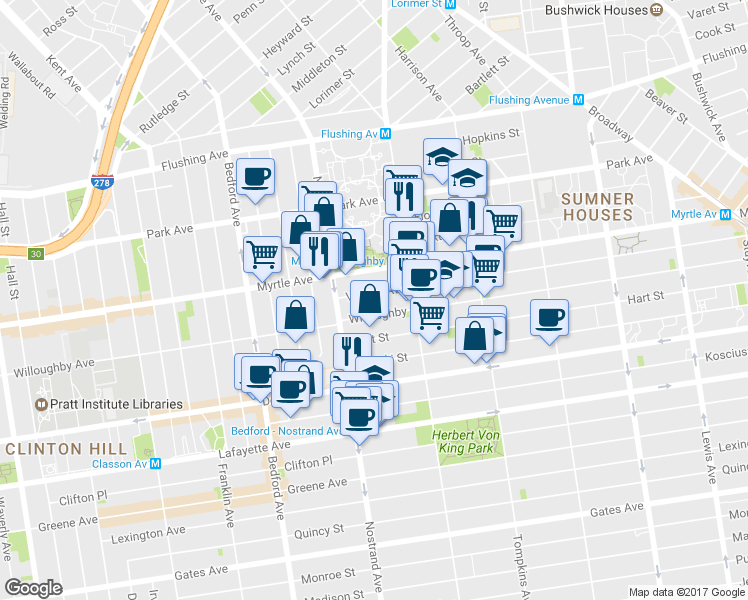 map of restaurants, bars, coffee shops, grocery stores, and more near 492 Willoughby Avenue in Brooklyn