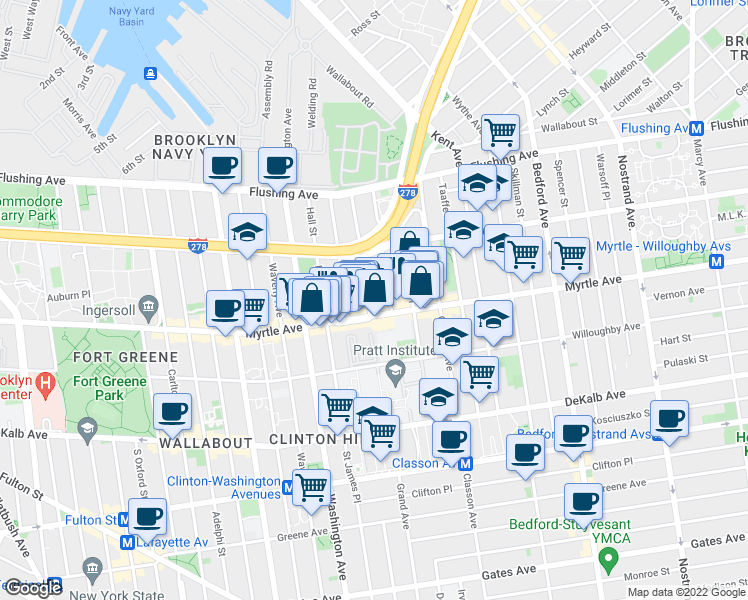 map of restaurants, bars, coffee shops, grocery stores, and more near 536 Myrtle Avenue in Brooklyn