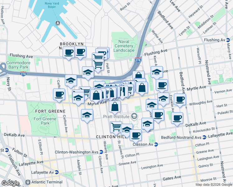 map of restaurants, bars, coffee shops, grocery stores, and more near 502 Myrtle Avenue in Brooklyn