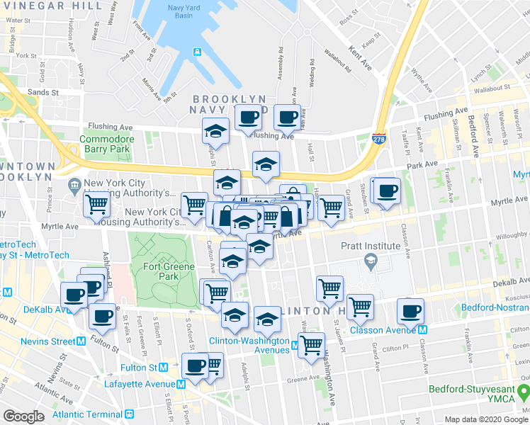 map of restaurants, bars, coffee shops, grocery stores, and more near 132 Clinton Avenue in Brooklyn