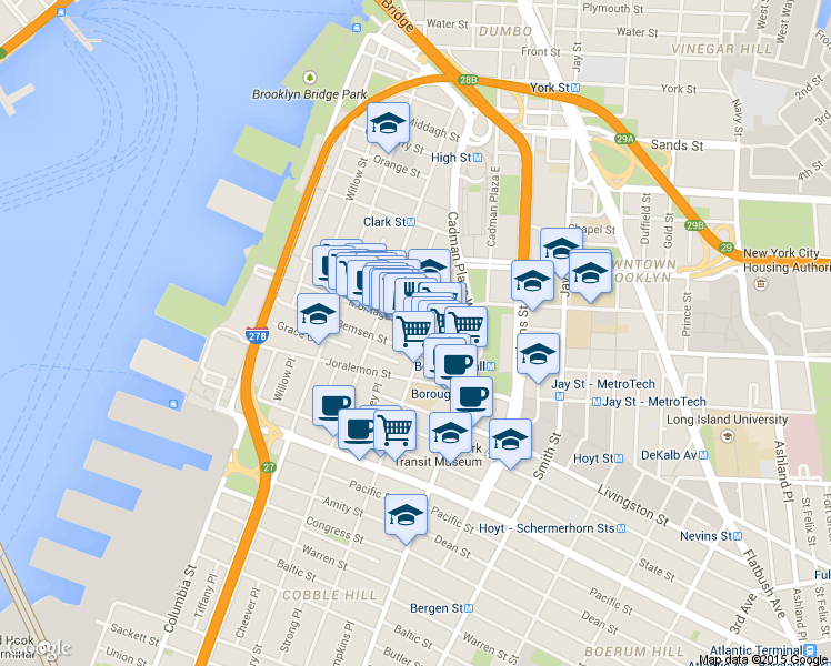 map of restaurants, bars, coffee shops, grocery stores, and more near 134 Remsen Street in Brooklyn