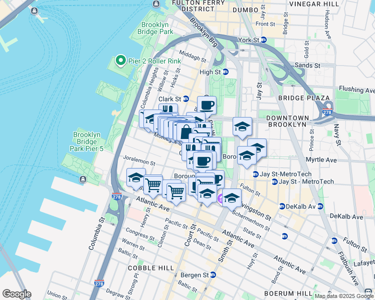 map of restaurants, bars, coffee shops, grocery stores, and more near 134 Remsen Street in Brooklyn