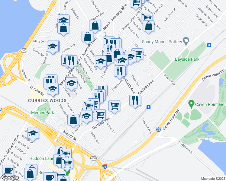 map of restaurants, bars, coffee shops, grocery stores, and more near 156 Ocean Avenue in Jersey City