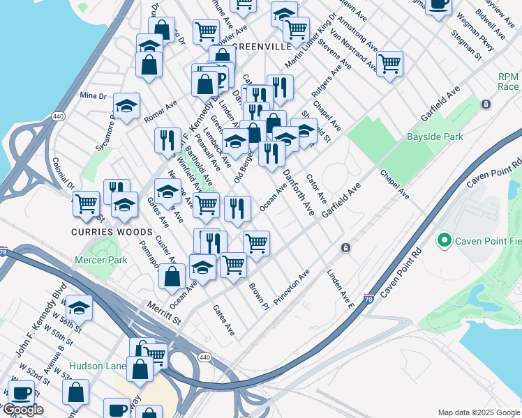 map of restaurants, bars, coffee shops, grocery stores, and more near 156 Ocean Avenue in Jersey City