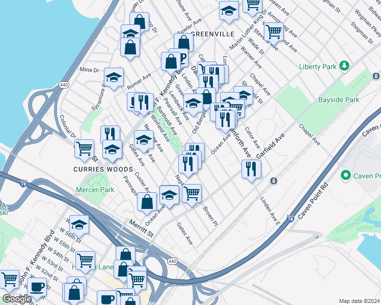 map of restaurants, bars, coffee shops, grocery stores, and more near 11 Bartholdi Avenue in Jersey City