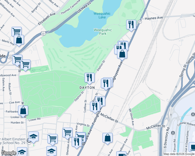 map of restaurants, bars, coffee shops, grocery stores, and more near 29 Hanford Street in Newark