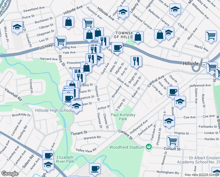 map of restaurants, bars, coffee shops, grocery stores, and more near 1223 Broadway in Hillside