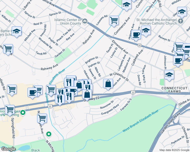 map of restaurants, bars, coffee shops, grocery stores, and more near 1118 West Chestnut Street in Union