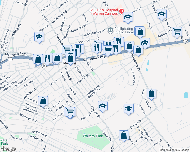 map of restaurants, bars, coffee shops, grocery stores, and more near 366 Prospect Street in Phillipsburg