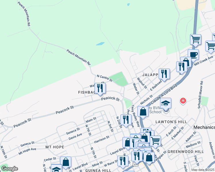 map of restaurants, bars, coffee shops, grocery stores, and more near 210 West Railroad Street in Pottsville