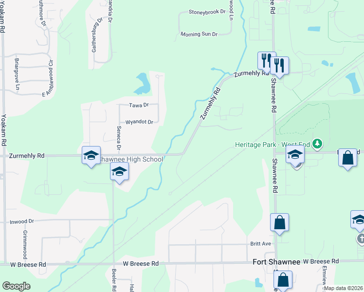 map of restaurants, bars, coffee shops, grocery stores, and more near 2305 Meadow Ln in Lima