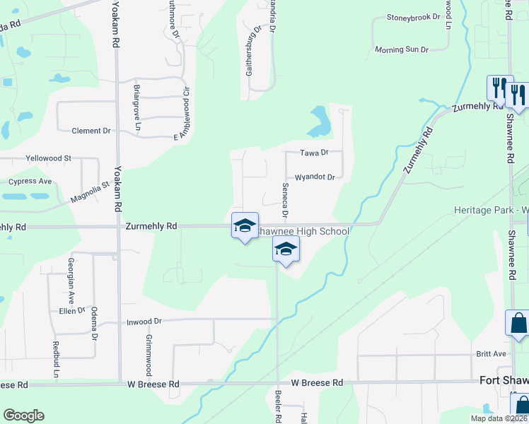 map of restaurants, bars, coffee shops, grocery stores, and more near 3333 Zurmehly Road in Lima