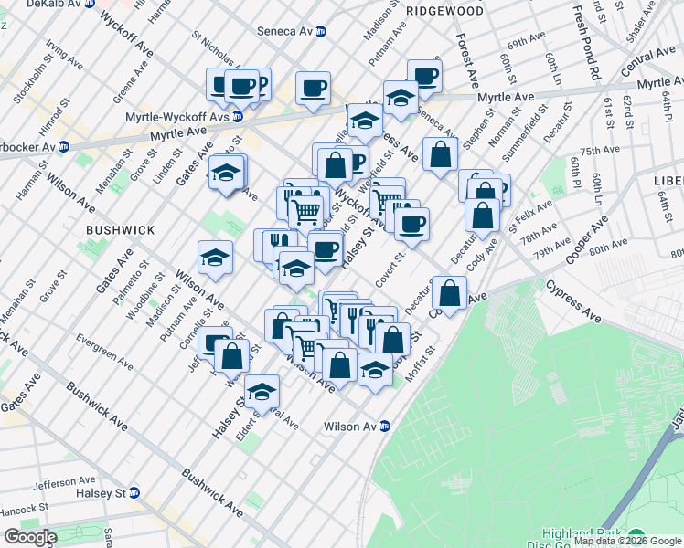 map of restaurants, bars, coffee shops, grocery stores, and more near 327 Eldert Street in Brooklyn