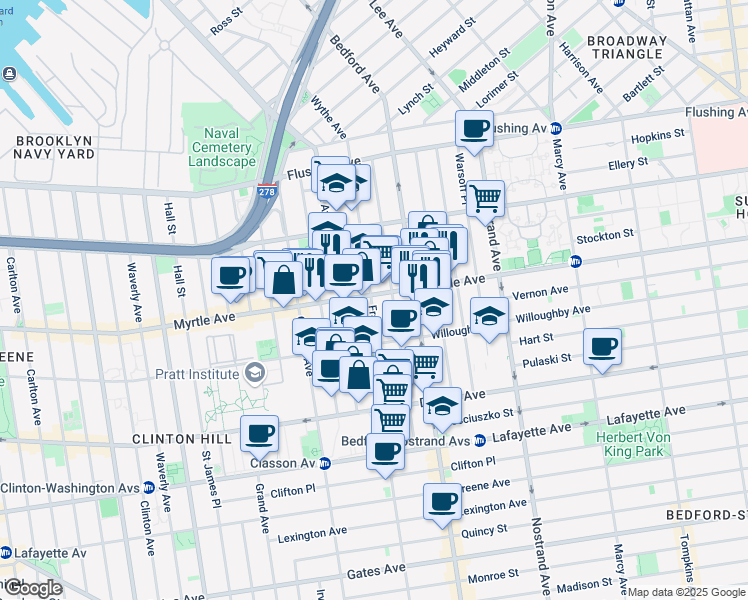 map of restaurants, bars, coffee shops, grocery stores, and more near 652 Myrtle Avenue in Brooklyn