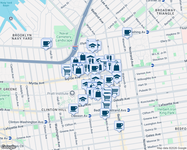 map of restaurants, bars, coffee shops, grocery stores, and more near Myrtle Avenue & Kent Avenue in Brooklyn