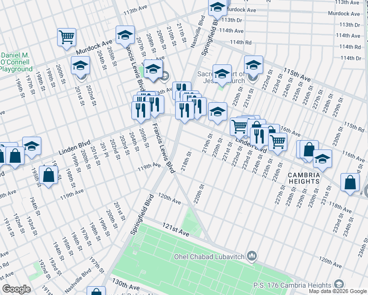 map of restaurants, bars, coffee shops, grocery stores, and more near 218-10 118th Avenue in Queens