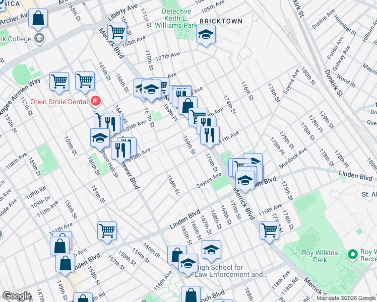 map of restaurants, bars, coffee shops, grocery stores, and more near 168-02 111th Avenue in Queens