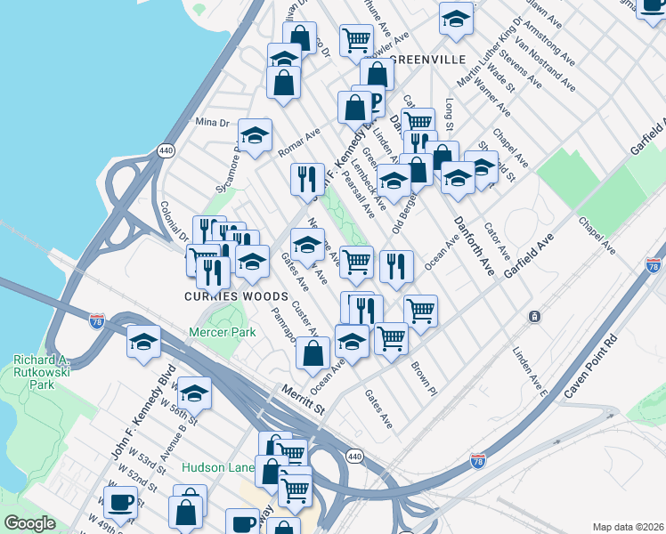 map of restaurants, bars, coffee shops, grocery stores, and more near 160 Seaview Avenue in Jersey City