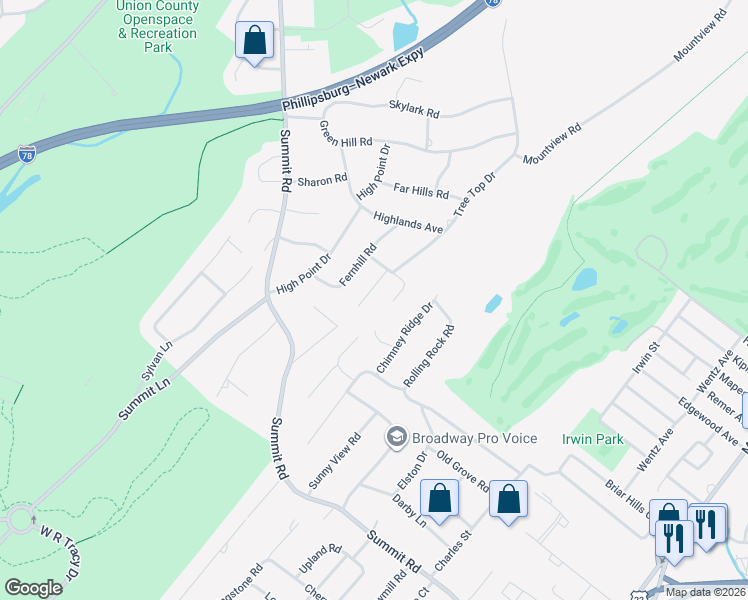 map of restaurants, bars, coffee shops, grocery stores, and more near 23 Vista Way in Springfield