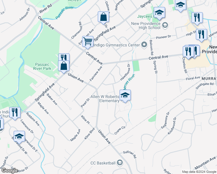 map of restaurants, bars, coffee shops, grocery stores, and more near 29 Jones Drive in New Providence