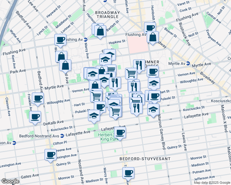 map of restaurants, bars, coffee shops, grocery stores, and more near 151 Tompkins Avenue in Brooklyn
