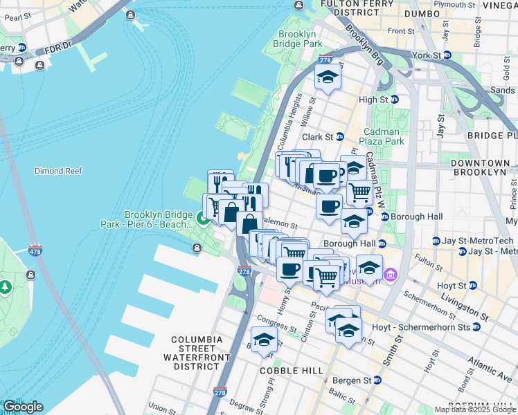 map of restaurants, bars, coffee shops, grocery stores, and more near 2 Grace Court in Brooklyn