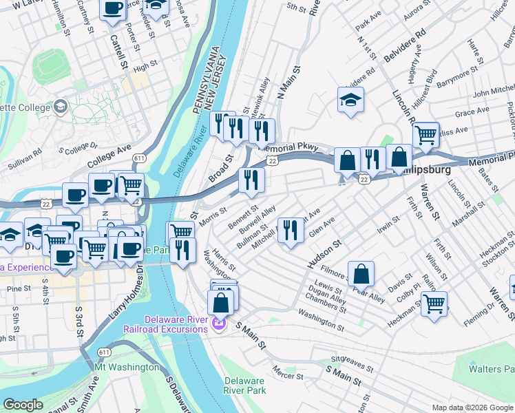 map of restaurants, bars, coffee shops, grocery stores, and more near 24 Filmore Street in Phillipsburg