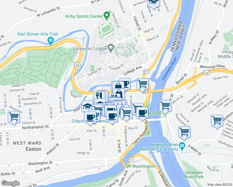 map of restaurants, bars, coffee shops, grocery stores, and more near 284 Bushkill Street in Easton