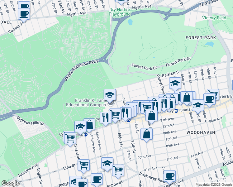 map of restaurants, bars, coffee shops, grocery stores, and more near 74-21 85th Drive in Queens