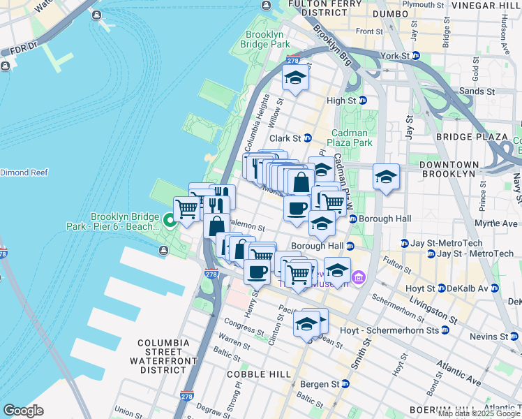 map of restaurants, bars, coffee shops, grocery stores, and more near 60 Remsen Street in Brooklyn