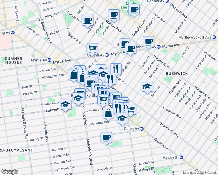 map of restaurants, bars, coffee shops, grocery stores, and more near 21 Kossuth Place in Brooklyn