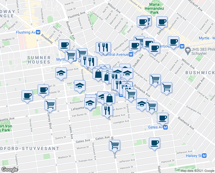 map of restaurants, bars, coffee shops, grocery stores, and more near 1096 DeKalb Avenue in Brooklyn