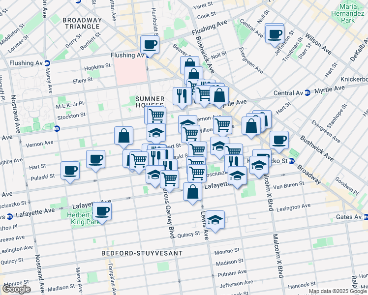 map of restaurants, bars, coffee shops, grocery stores, and more near 332 Hart Street in Brooklyn