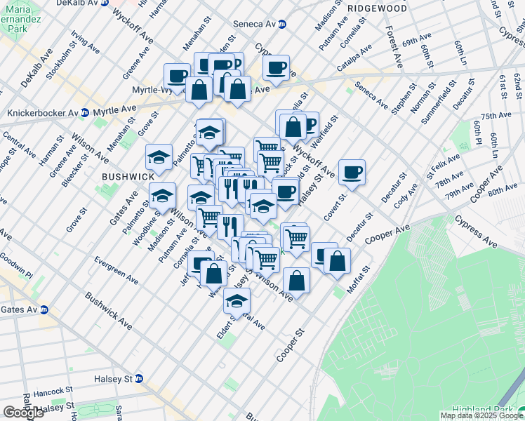 map of restaurants, bars, coffee shops, grocery stores, and more near 1336 Hancock Street in Brooklyn