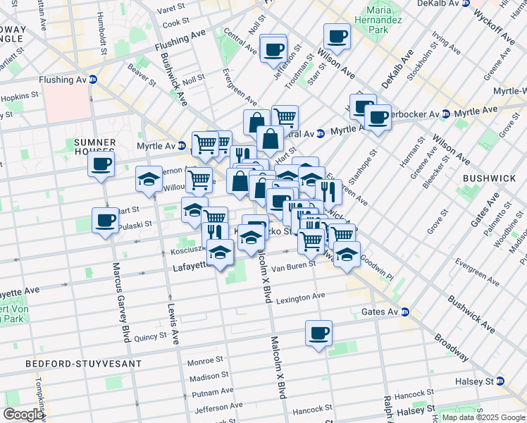map of restaurants, bars, coffee shops, grocery stores, and more near 1086 Broadway in Brooklyn