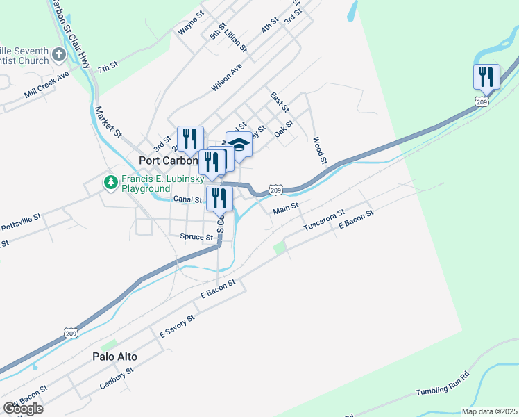 map of restaurants, bars, coffee shops, grocery stores, and more near 33 Mill Street in Port Carbon