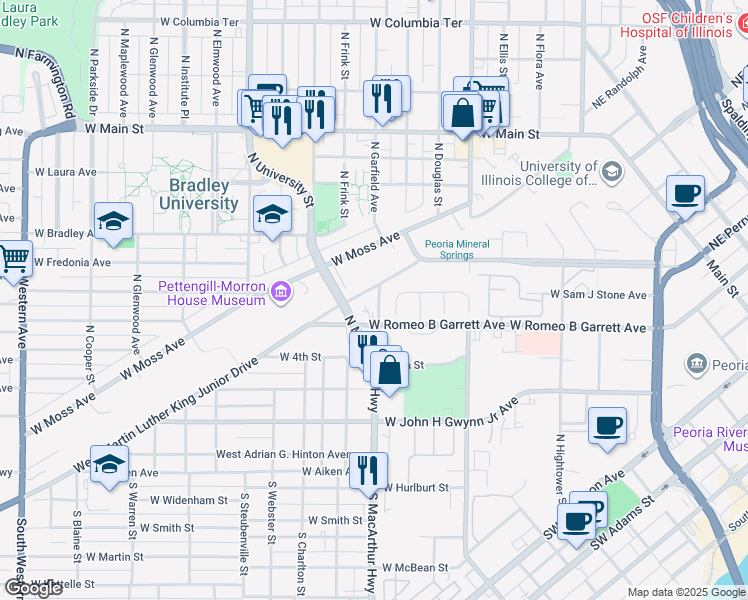 map of restaurants, bars, coffee shops, grocery stores, and more near 913 W Romeo B Garrett Ave in Peoria
