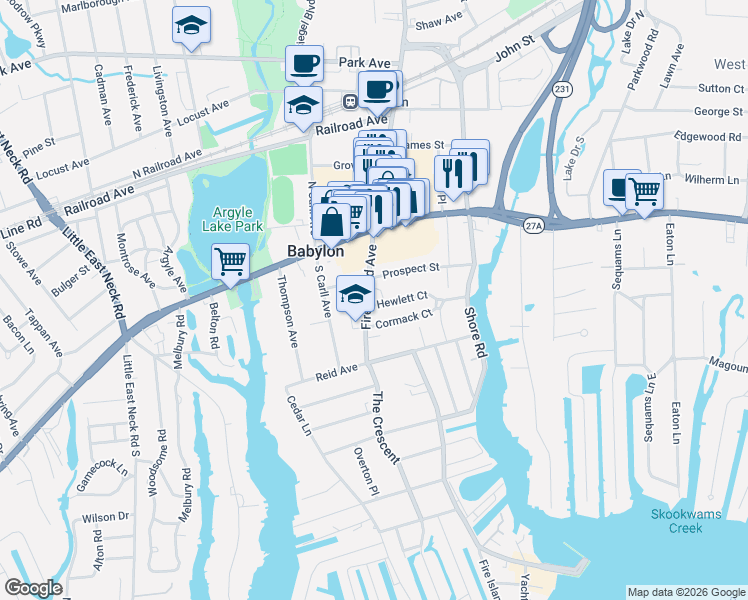 map of restaurants, bars, coffee shops, grocery stores, and more near 125 Fire Island Avenue in Babylon