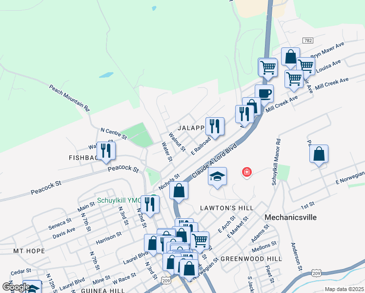map of restaurants, bars, coffee shops, grocery stores, and more near 340 Front Street in Pottsville