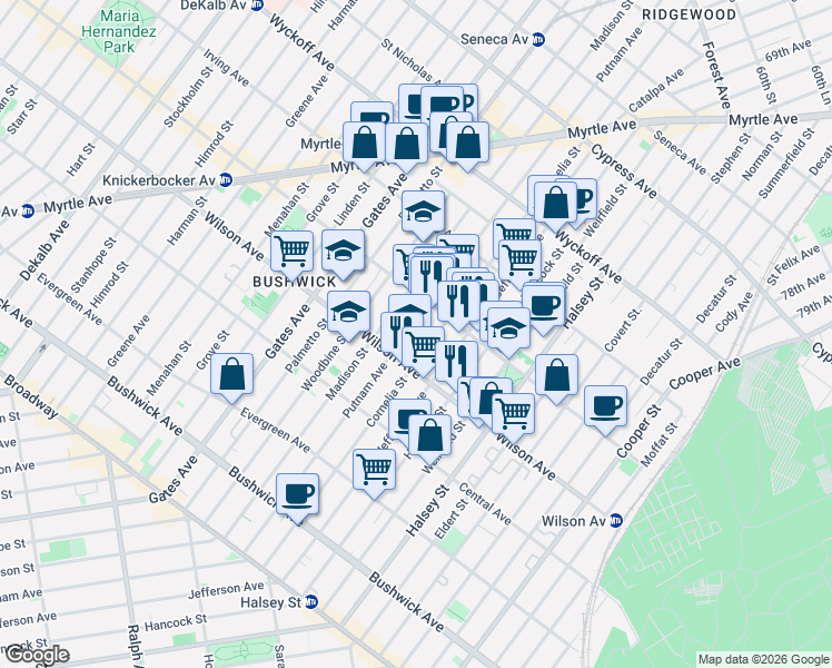 map of restaurants, bars, coffee shops, grocery stores, and more near 1328 Putnam Avenue in Brooklyn